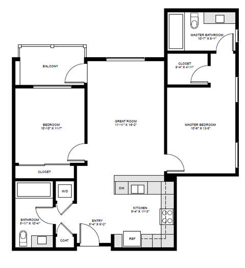 Floor plan for 2 beds, 2 baths, 986 sqft